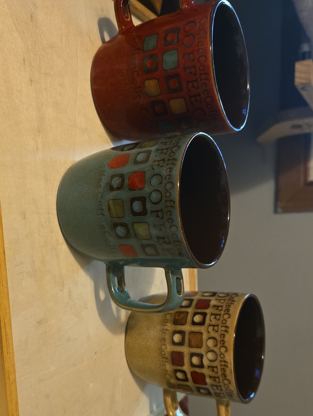 Ceramic Coffee Mug with Square Accent Pattern - Teal, Red, Beige